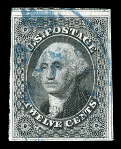 17 var., 12c Black on part India paper, used, full to very large margins all around, bright and fresh, light blue c.d.s. cancel, light horizontal crease and tiny corner crease,
extremely fine appearance 2007 APS certificate.