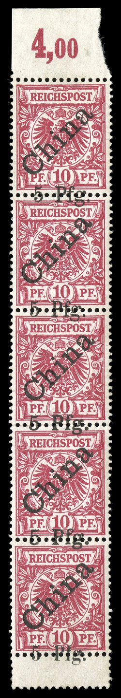 1a-3a, 1900 10pf Carmine, with diagonal China overprint at a 45 degree angle, and with Michel Type 1, Type 2 and Type 3a 5 Pfg. surcharges, without blue crayon Blaustrich line,
handsome and scarce vertical strip of five, from positions 4,