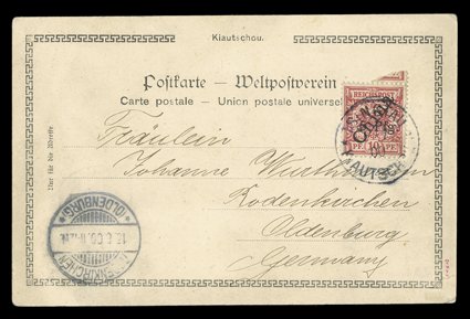 Michel 1 I F, 1900 10pf Carmine, with diagonal China overprint at a 45 degree angle, and with Type 2 5 Pfg. surcharge, without blue crayon Blaustrich line, well centered single
tied by clear Tsingtau, Kiautschou6.700 datestamp to pictu