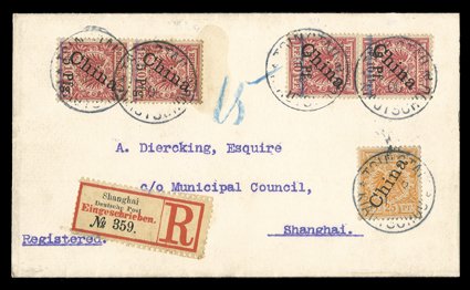 1, 3, 4-5, 1900 10pf Carmine, with diagonal China overprint at a 56 degree angle, and with Michel Type 1 and Type 2 5 Pfg. surcharges, violet crayon line, and diagonal China
overprint at a 45 degree angle, with Michel Type 1 with f of Type