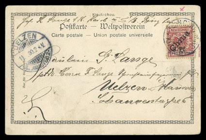 5, 1900 10pf Carmine, with diagonal China overprint at a 45 degree angle, and with Michel Type 2 5 Pf. surcharge, nicely centered single tied by Tsingtau, Kiautschau28.700
datestamp to picture post card to Uelzen, Germany addressed to Mi