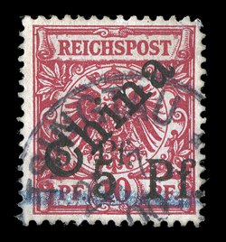 9, 1900 10pf Carmine, with diagonal China overprint at a 45 degree angle, and with Michel Type 1 5 Pf. surcharge and additional large 5 Pf. handstamped surcharge, used with
clear Tsingtau, Kiautschau27.700 datestamp, well centered, str