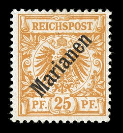 15a, 1899 25pf Orange, with diagonal Marianen overprint at a 48 degree angle, an attractive mint example of this elusive value, vivid rich color on fresh paper, nicely
centered, o.g., trivial h.r., very fine only 1,000 stamps were issued sig
