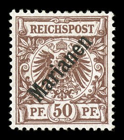 16a, 1899 50pf Red brown, with diagonal Marianen overprint at a 48 degree angle, handsome and choice mint single, excellent centering, sumptuously rich color, o.g., very
lightly hinged, extremely fine and scarce only 1,000 stamps were issued
