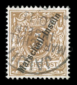 1a, 1897 3pf Light yellowish brown, with Marschall-Inseln overprint, Jaluit printing, handsome single used with clear strike of JaluitMarschall-Inseln10 11 datestamp, fresh and
well centered, choice very fine and scarce signed Pfenninger