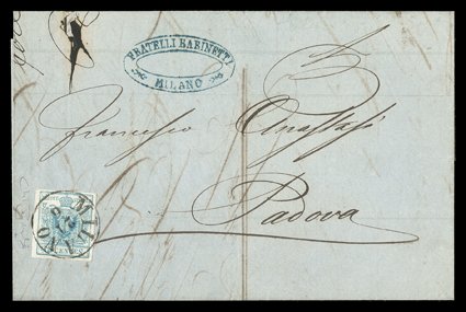 Sassone F13, 45c Blue Milan postal forgery, Ty. VI, a most attractive single with large margins all around, neatly tied by perfect Milano21 6 datestamp to blue 1858 folded
cover to Padova, backstamped on arrival the next day, blue oval Fratel