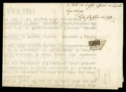 4e, 1852 3b Black on brown, one third used as 1b on circular, the center vertical third, ample to large margins at top and bottom, beautifully tied by lozenge grid to large
1859 printed circular from the Special Police Inspector of Bologna to Lo