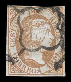8, 1851 2R Red, a pleasing used example of this elusive stamp, mostly large margins to close but clear at top right, strong color on crisp clean paper, neat spider cancel, fine
and rare signed Pfenninger (Edifil 8 Ç13,500).