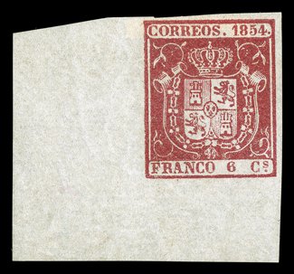26, 1854 6c Carmine, strikingly handsome bottom left corner sheet-margin single, with mostly large margins on the other two sides, incredibly fresh, with full clean o.g., minor
h.r., extremely fine 1999 CEM certificate ex-Caspary (Edifil 