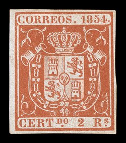 28, 1854 2R Scarlet, attractive mint example, ample to large margins all around, gloriously rich color on fresh paper, o.g., lightly hinged, very fine 1999 CEM certificate
ex-Caspary (Edifil 25 Ç1,950).