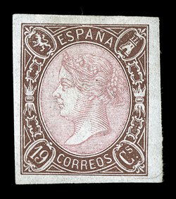 70, 1865 19c Brown and rose, an impressive mint example of this scarce stamp, featuring large to huge margins all around, rich colors on uncommonly fresh white paper, full
clean o.g., lightly hinged, extremely fine and handsome few others exist