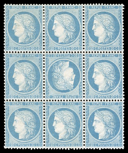 57b, 1870 20c Bright blue on bluish, tete-beche, an eye-arresting mint block of nine, the center stamp the inverted cliche, being in a remarkable state of preservation,
incredibly well centered throughout, lovely bright shade, strong and intact