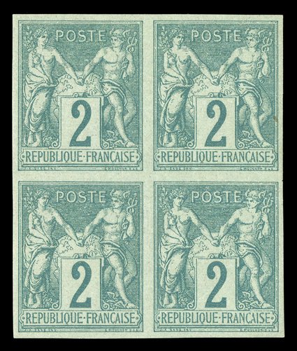 65a, 1876 2c Green on greenish imperforate, Ty. I, a choice mint block of four, uniformly large margins all around, fresh color on crisp clean paper, o.g., bottom pair very
lightly hinged, extremely fine and scarce ex-Derby (Yvert 62a Ç