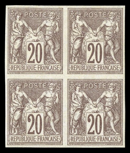 70a, 1876 20c Red brown on straw imperforate, Ty. I, lovely mint block of four, uniformly large margins, strong color on fresh paper, o.g., bottom pair very lightly hinged,
extremely fine ex-Derby (Yvert 67a Ç2,600 for singles).