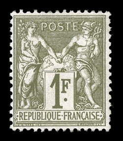76, 1876 1Fr. Bronze green on straw, Ty. I, gorgeous rich color on fresh paper, centered well clear of the design, o.g., lightly hinged, very fine (Yvert 72
Ç1,300).
