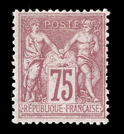 83, 1877 75c Carmine on rose, Ty. II, attractive mint example of this scarce stamp, bright and fresh, centered well clear of the design, o.g., l.h., very fine ex-Derby (Yvert 81
Ç2,500).