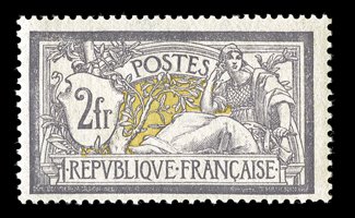 126, 1900 2Fr Gray violet and yellow, a pristine mint example of this sought-after key value, nicely centered for this, immaculate o.g., n.h., fresh and very fine signed Behr
and accompanied by his 1991 certificate (Yvert 122 Ç2,350).