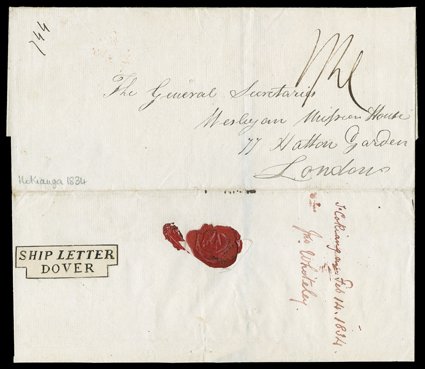1834 (14 Feb.) entire letter from John Whiteley, Wesleyan Missionary at Hokianga to London, rated 12 and showing, on reverse, step-type dovership letter and arrival c.d.s.
(25.6). Also a piece bearing 1840 1d. black (three margins