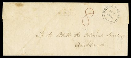 1845 (24 Jan.) entire (208x88mm.) from Russell to Auckland, rated 8 and showing framed paidrussell in red alongside new-zealand double-arc d.s. (29.1), the reverse with post
officerussell Crowned oval d.s., with 