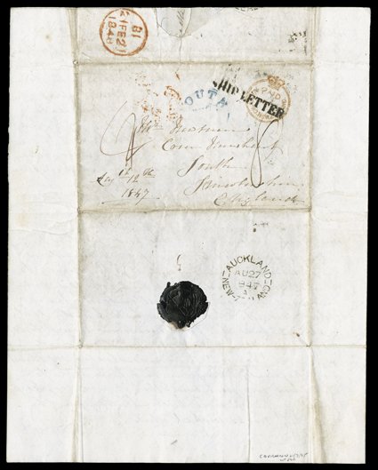 1847 (27 Aug.) entire letter from Auckland to England, rated 4 (deleted) and 8  and showing paidatauckland new zealand Crowned Circle over-cancelled with London ship letter
h.s., Auckland and London (21.2) c.d.s. on