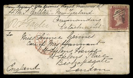 1869 soldiersseamens envelope From Sergeant Wm. Grimes, Royal Marines L.I. H.M.S. Galatea - New Zealand, signed by the Commanding Officer and bearing G.B. 1d. Plate 97
indistinctly cancelled A99?, London Paid c.d.s. (date unclear) on f