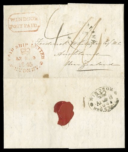 1845 entire letter from Richmond to Frederick Whitaker (later Sir Frederick, Premier, lawyer and financier), Auckland, rated 4 and 16 and showing fine boxed windsorpost paid.,
paid ship lettersydney oval d.s., both in red