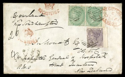 1861 (Dec.) envelope registered from London By overland via Southampton to James Mouat, V.C., Inspector General of Hospitals Head Quarters, bearing 1855-57 6d. and 1- pair,
both with wing-margin, cancelled with oval of bars and showi