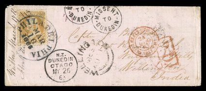 1863 (10 Mar.) pale pink envelope from Philadelphia to Wellington India, bearing 1861-62 30c. orange cancelled with c.d.s. and with a further indistinct U.S. c.d.s. at right
over-cancelled with etats-unis3serv. brit. calais transit