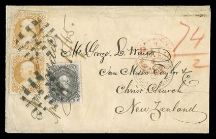 1865 (8 Aug.) envelope (a little truncated at right) from Boston to Christchurch, bearing 1861-62 24c. grey and 30c. orange (2) cancelled with circle of squares and by
recipients endorsement, showing rate 742 in red crayon and London Paid