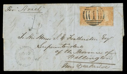 1856 (31 Oct.) entire letter from Melbourne per Ariel to Wellington, bearing 1854 Woodblock imperf. 6d. orange pair (creased and apparently repositioned) sharing Barred Oval
1, showing Wellington c.d.s. (19.11) alongside h.s. 4, despatch ov