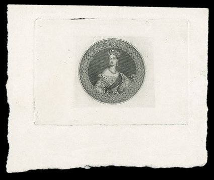 The original essay prepared by Perkins, Bacon & Co. Ltd, showing Chalon half-length portrait engraved by William Humphrys with engine-turned background and ornamental circular
surround, State 2 with circular frame-line dividing the portrait from