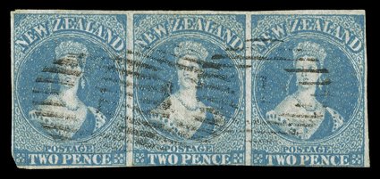 2d. dull blue on bleuté paper, a horizontal strip of three, margins all round on three sides, touched or just cut-into at foot, cancelled 1 at Auckland the left-hand stamp
with a small corner truncation, otherwise sound. A scarce multiple. Sc.