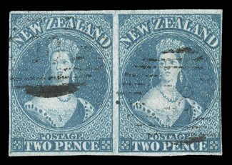 2d. dull blue on bleuté paper, a horizontal pair with good to large margins and each cancelled 18 at Dunedin, good strong color the left stamp a little creased though of fine
appearance. R.P.S. Certificate (2007). Sc. 2 S.G. 2, £1,300. pro