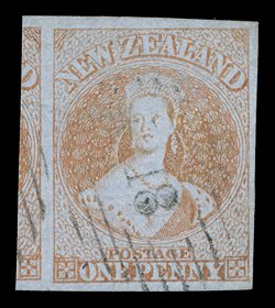 1d. red, a pale shade with large to very large margins on three sides and large portion of adjoining stamp at left, lightly cancelled 18 at Otago small corner crease at foot,
otherwise sound. An appealing and huge example. Sc. 4 S.G. 4, £1,80