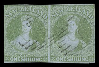 1- green, a horizontal pair with just clear to large margins, each lightly cancelled 1 some creases and tiny split in margin at lower right though of good appearance and a
rare multiple. R.P.S. Certificate (2002). Sc. 6 S.G. 6, £7,500.