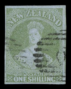 1- green with good to large margins showing trace of adjoining stamp at right, two part cancellations leaving much of face clear. A fine example of this rare stamp. Holcombe
Certificate (1988). Sc. 6 S.G. 6, £3,750.