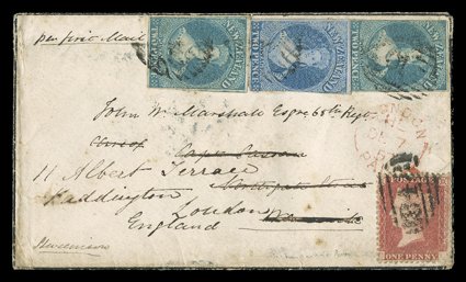 1857 (11 July) mourning envelope from Wellington to Warwick, bearing 2d. blue in combination with 1855 2d. dull blue (2), all with margins in places, placed sideways and
lightly cancelled 10, London transit c.d.s. (7.12) alongside, upon arrival
