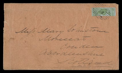 1858 (23 Aug.) orange-brown envelope from Otago to Cruden, Aberdeenshire, bearing 1- green with three good margins bisected vertically, clearly cancelled 18 and showing, on
reverse, despatch and arrival (20.12) c.d.s. the envelope with a