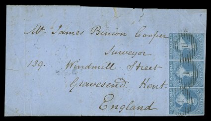 1858 (26 Oct.) front and small piece of reverse from Auckland to Gravesend, bearing 2d. blue strip of three with clear to large margins, placed sideways at left and each
clearly cancelled 1, despatch c.d.s. on reverse the front with a few smal