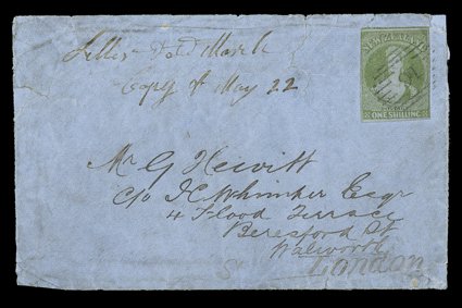 1861 (16 Mar.) envelope from Lyttelton to London, bearing 1- green with just clear to very large margins with trace of adjoining stamp at top, lifted for examination and
hinged back in place, clearly cancelled 16 and showing, on reverse, despa