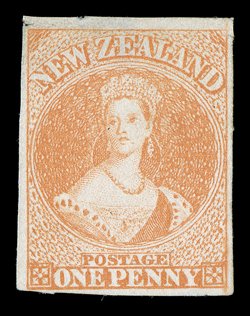 1d. dull orange on soft paper, unused without gum, fresh color and with clear to large margins thin area at top and a couple of small imperfections, one just affecting design,
though of fine appearance. Holcombe Certificate (1993). Sc. 7 S.G. 8