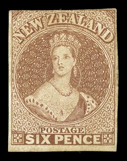 6d. brown on soft paper, unused with part original gum, good to large margins on three sides, design shaved at top a little toned and with thin at right though of good
appearance. B.P.A. Certificates (1995 and 2007). Sc. 9 S.G. 13, £2,000.