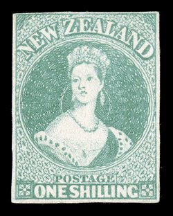 1- dull emerald-green on hard paper, unused without gum, good to large margins and of good colour for this delicately-coloured stamp slight thinning and small crease in upper
right corner. An attractive example of this very rare stamp in above