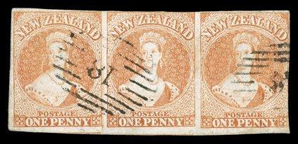 1d. dull orange on hard paper, a horizontal strip of three with clear to very large margins largely all round showing traces of adjoining stamps at foot, design touched at top
centre and at right, twice cancelled 18 at Otago with the left-hand