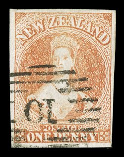 1d. dull orange on hard paper, good to very large margins and neatly cancelled 10 at Wellington fine. B.P.A. Certificate (1994). Sc. 7 S.G. 8, £650.