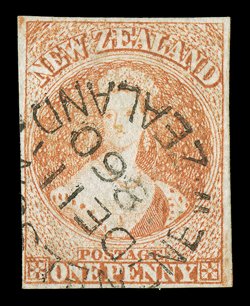 1d. dull orange on hard paper, an unusual rather worn impression with clear to large margins and exceptionally cancelled with large part Nelson c.d.s. for 11 December 1860.
Fine and most attractive. Holcombe Certificate (1988). Sc. 7 S.G. 8, £65