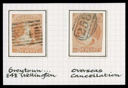 1d. dull orange on hard paper, two examples selected for unusual cancellations, the first with margins nearly all round and cancelled 2 in oblong of bars at Greytown, the
second with margins in places and cancelled with virtually complete 258