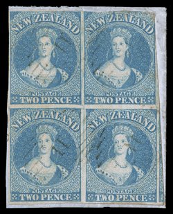 2d. pale blue on hard paper, a block of four with three stamps having clear or good to very large margins, the fourth cut-into at top and with a rounded corner, each lightly
or neatly cancelled 11 at Port Ahuriri and affixed to piece, the rever