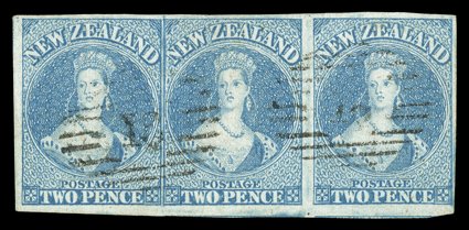 2d. pale blue on hard paper, a horizontal strip of three with good to very large margins and showing traces of two adjoining stamps at foot, twice neatly cancelled 18 at Otago
very fine and most attractive. Sc. 8e S.G. 9.