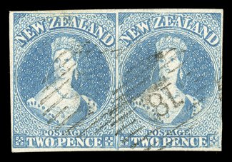 2d. pale blue on soft paper, a horizontal pair with the right-hand stamp showing dryish print towards lower right corner, clear to large margins and each cancelled 18 at Otago
fine. Brandon (1979) and Holcombe (1984) Certificates. Sc. 8e S.G.